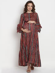 Mine4Nine Women's Red Maxi Rayon Maternity and Nursing Dress