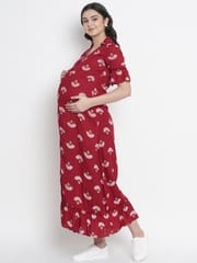 Mine4Nine Women's Red Rayon Casual Maternity and Nursing Shirt Maxi Dress