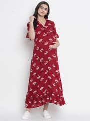 Mine4Nine Women's Red Rayon Casual Maternity and Nursing Shirt Maxi Dress