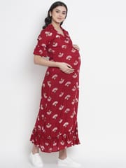 Mine4Nine Women's Red Rayon Casual Maternity and Nursing Shirt Maxi Dress