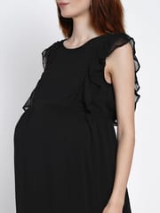 Mine4Nine Black Solid Women's Fit and Flare Chiffon Maternity and Nursing Dress