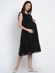 Mine4Nine Black Solid Women's Fit and Flare Chiffon Maternity and Nursing Dress