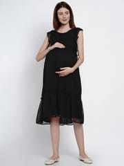 Mine4Nine Black Solid Women's Fit and Flare Chiffon Maternity and Nursing Dress