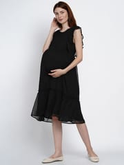 Mine4Nine Black Solid Women's Fit and Flare Chiffon Maternity and Nursing Dress