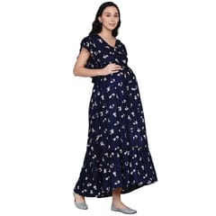 Mine4Nine Women's Navy Blue Printed A-line Rayon Maternity and Nursing Dress