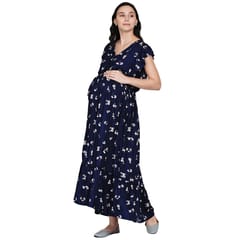 Mine4Nine Women's Navy Blue Printed A-line Rayon Maternity and Nursing Dress