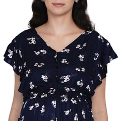 Mine4Nine Women's Navy Blue Printed A-line Rayon Maternity and Nursing Dress