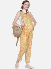 Mine4Nine Women's Yellow Rayon Maternity Dungaree/Jumpsuit