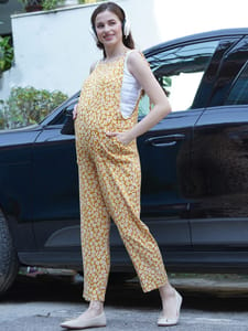 Mine4Nine Women's Yellow Rayon Maternity Dungaree/Jumpsuit