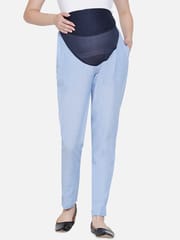 Mine4Nine Women's Maternity Solid Blue Chambray Trouser