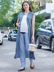 Mine4Nine Women's Maternity Solid Blue Chambray Trouser