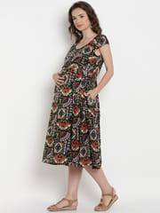 Mine4Nine Women's Black A-Line Rayon Maternity and Nursing Dress