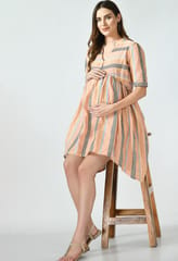 Mometernity Peachie Cotton Wide Stripes Print Maternity & Nursing Tunic Dress