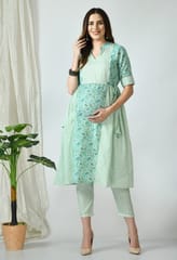 Mometernity Lotus Green Paisley Print Maternity & Nursing Kurta Set With Pant