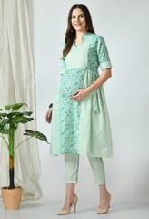 Mometernity Lotus Green Paisley Print Maternity & Nursing Kurta Set With Pant