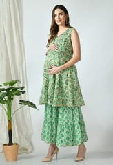 Mometernity Magnolia Floral Green Maternity & Nursing Kurta Set with Sharara