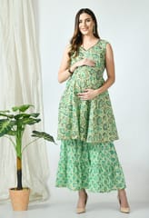 Mometernity Magnolia Floral Green Maternity & Nursing Kurta Set with Sharara