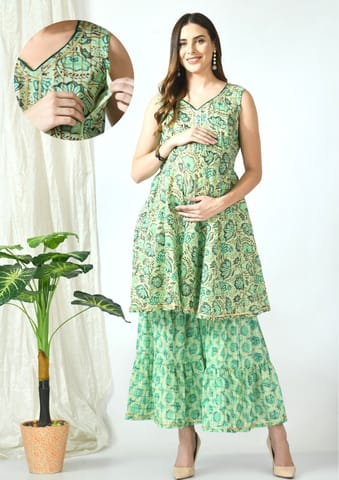 Mometernity Magnolia Floral Green Maternity & Nursing Kurta Set with Sharara