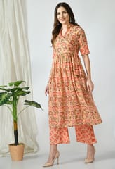 Mometernity Marigold Floral Peach Maternity & Nursing Kurta Set with Plazzo Pant