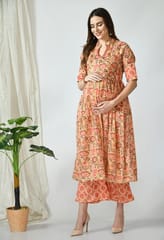 Mometernity Marigold Floral Peach Maternity & Nursing Kurta Set with Plazzo Pant