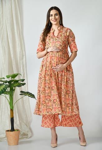 Mometernity Marigold Floral Peach Maternity & Nursing Kurta Set with Plazzo Pant