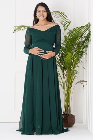 Plum and Peaches Off Shoulder Green Maternity Dress