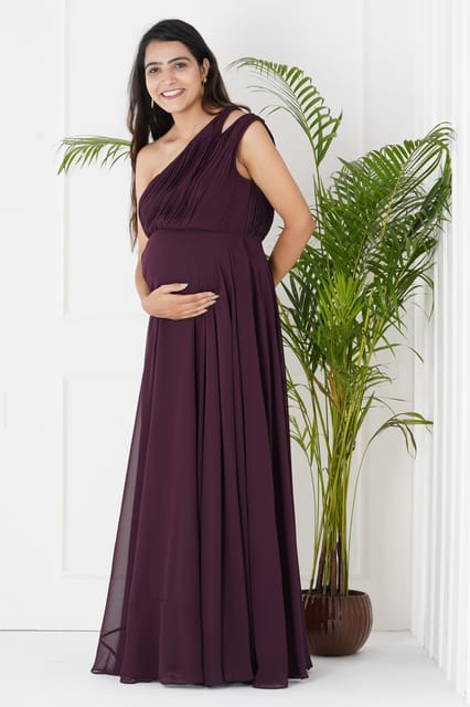 Plum and Peaches One Shoulder Pleated Maternity Gown