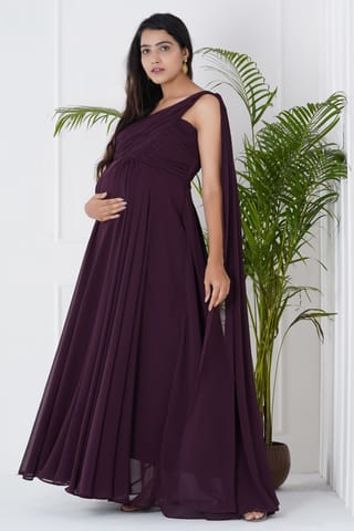 Plum and Peaches One Shoulder Pleated Maternity Gown