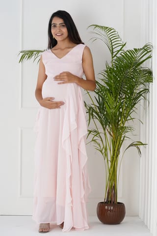 Plum and Peaches V Neck Ruffle Maternity Pink Gown