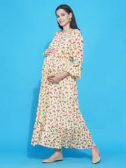 Mine4Nine Women's Yellow Floral Maxi Rayon Maternity and Nursing Dress