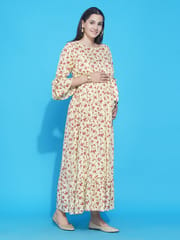 Mine4Nine Women's Yellow Floral Maxi Rayon Maternity and Nursing Dress