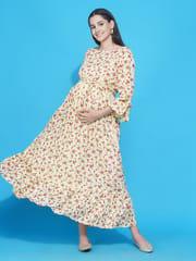 Mine4Nine Women's Yellow Floral Maxi Rayon Maternity and Nursing Dress