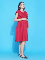 Mine4Nine Women's Red Solid Ruffled Midi Maternity & Nursing dress