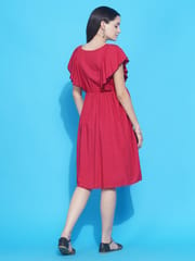 Mine4Nine Women's Red Solid Ruffled Midi Maternity & Nursing dress