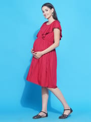 Mine4Nine Women's Red Solid Ruffled Midi Maternity & Nursing dress