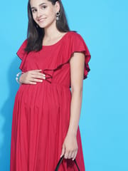 Mine4Nine Women's Red Solid Ruffled Midi Maternity & Nursing dress