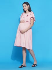 Mine4Nine Women's Solid Peach layered Midi Maternity & Nursing dress