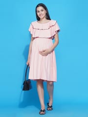 Mine4Nine Women's Solid Peach layered Midi Maternity & Nursing dress