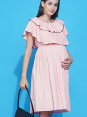 Mine4Nine Women's Solid Peach layered Midi Maternity & Nursing dress