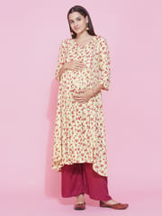 Mine4Nine WomenYellow Floral Printed A-Line Maternity Kurta