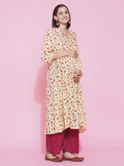 Mine4Nine WomenYellow Floral Printed A-Line Maternity Kurta