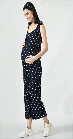 Mometernity Rayon Polka Dot Print Maternity & Nursing Jumpsuit Set of 01- Navy Blue