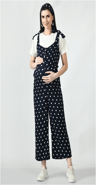 Mometernity Rayon Polka Dot Print Maternity & Nursing Jumpsuit with White T-shirt Set of 02- Navy Blue