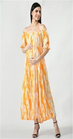 Mometernity Rayon Shibori Print Maternity & Nursing Off Shoulder Maxi  Dress Set of 01- Yellow