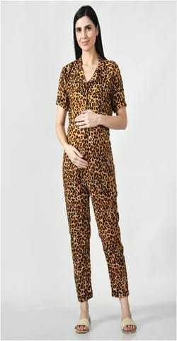 Mometernity Rayon Leopard Print Maternity & Nursing  Nightsuit Set of 02 - Brown & Black