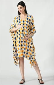 Mometernity Rayon Tie & Dye Print Maternity & Nursing Short Kaftan Set of 01 - Yellow