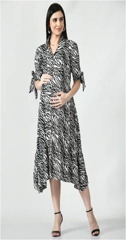 Mometernity Rayon Zebra Print Maternity & Nursing Shirt Midi Dress Set of 01- White & Black