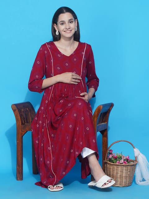 Mine4Nine Women Red Floral Printed A-Line Maternity Kurta