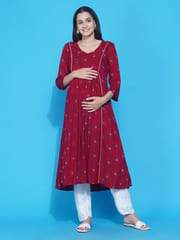 Mine4Nine Women Red Floral Printed A-Line Maternity Kurta