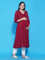 Mine4Nine Women Red Floral Printed A-Line Maternity Kurta